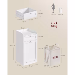 VASAGLE Dulap de baie cu cos de rufe integrat, sertar si blat cu margini ridicate, sac textil detasabil, 80x40x40 cm, alb