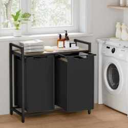 VASAGLE Cos de rufe, 2 compartimente, saci de rufe detasabili, raft, cadru metalic, 2x46L, 73x33x72 cm, maro si negru