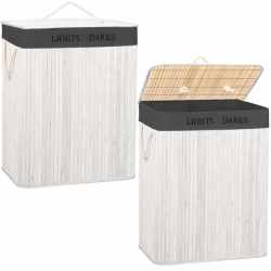 Cos pentru rufe din bambus, pliabil, cu 2 compartimente, volum 105 L, 63x52x33 cm, alb si gri inchis