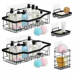 Set 5 polite metalice pentru dus cu montaj autoadeziv, inox, negru mat
