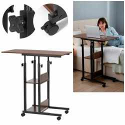 Birou reglabil pe inaltime cu rafturi si roti, blat din lemn si structura metalica, 80x40x76-86 cm, maro inchis