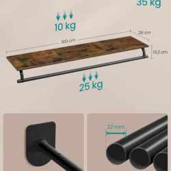 SONGMICS Cuier cu montaj pe perete cu bara pentru umerase si raft, capacitate 60 kg, stil industrial, 109x28x13 cm, maro rustic