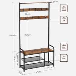VASAGLE Cuier hol cu banca si raft pantofi, 9 carlige, cadru metalic, stil industrial, 85x30x181 cm, maro rustic