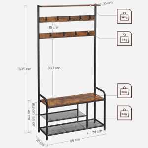VASAGLE Cuier hol cu banca si raft pantofi, 9 carlige, cadru metalic, stil industrial, 85x30x181 cm, maro rustic