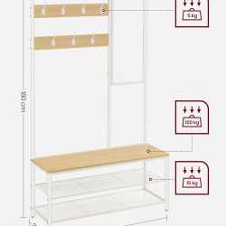 VASAGLE Cuier cu rafturi depozitare pantofi si ​​oglinda, industrial, 35x98x180 cm, maro stejar si alb