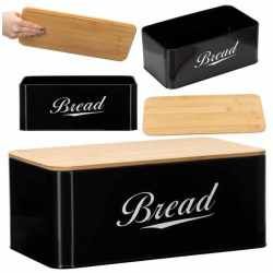 Cutie pentru paine din metal cu capac din bambus, finisaj lucios, 33x18x14 cm, negru