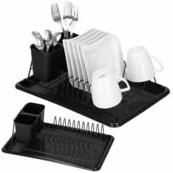 Uscator de vase metalic cu tava detasabila si suport tacamuri, 38x24x13 cm, negru