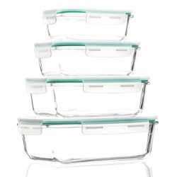 Set 4 recipiente din sticla termorezistenta, cu capac etans, BPA free, 350ml / 600ml / 1000ml / 1450ml , transparent