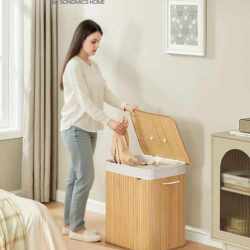 SONGMICS Cos de rufe cu capac, 2 compartimente, bambus, 120 l, pliabil, sac textil detasabil, 50x40x61 cm, maro natur