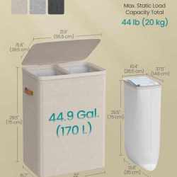 SONGMICS Cos rufe cu 2 compartimente si capac, saci detasabili cu maner, 170 litri, 56x40x75 cm, bej