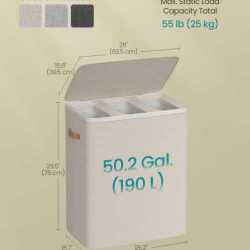 SONGMICS Cos rufe cu 3 compartimente si capac, saci detasabili cu maner, 190 litri, 64x40x75 cm, bej