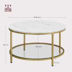 VASAGLE Masa de cafea rotunda cu blat din imitatie de marmura, polita suplimentara din sticla, 80x45cm, alb si auriu