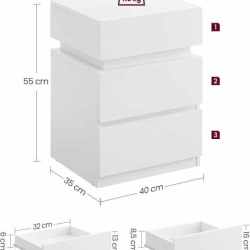 VASAGLE Set 2 noptiere din MDF cu iluminare LED, culori si intensitate reglabile, 35x40x55cm, alb