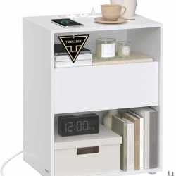 VASAGLE Noptiera cu sertar si statie de incarcare, 2 prize, 2 porturi USB, 45x35x58 cm, alb
