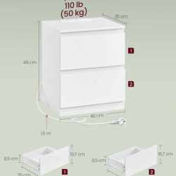 VASAGLE Noptiera Kailyn cu 2 sertare, 2 prize integrate si 2 porturi USB, 40x35x49 cm, alb