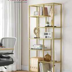 VASAGLE Biblioteca cu 6 polite din sticla securizata si cadru din otel, 80x30x180 cm, auriu