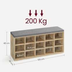 VASAGLE Banca pantofi cu sezut si perna, 15 compartimente deschise, PAL, 105x30x48 cm, gri stejar
