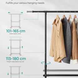 SONGMICS Suport haine cu doua bare, roti blocabile, inaltime reglabila, cadru metalic, 101x49x113-180 cm, negru