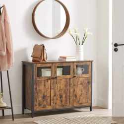 VASAGLE Comoda cu 3 usi din sticla, cadru metalic, stil industrial, 35x100x75 cm, maro rustic
