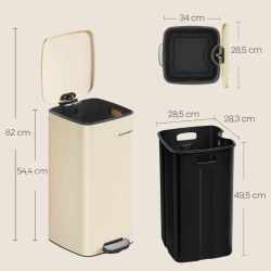 SONGMICS Cos gunoi 34x29x54 cm, 30L, cu pedala, capac silentios si galeata interioara detasabila, bej
