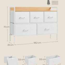 SONGMICS Comoda cu 5 sertare textile, cadru metalic si blat din PAL, design industrial, 98x29x70 cm, alb si stejar