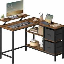 VASAGLE Birou de colt in forma L, cu 2 sertare si suport monitor, montare pe ambele parti, stil industrial, 115x105 cm, maro rustic