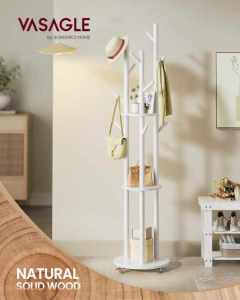 VASAGLE Cuier din lemn masiv, cu 11 agatatori si 3 rafturi, 4 roti detasabile rotative 360°, 40x40x175 cm, alb