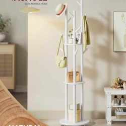 VASAGLE Cuier din lemn masiv, cu 11 agatatori si 3 rafturi, 4 roti detasabile rotative 360°, 40x40x175 cm, alb