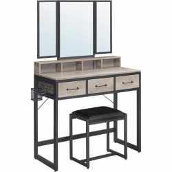 VASAGLE Masuta toaleta 90x40x141 cm, cu 3 sertare, oglinda tripla si taburet, lemn si otel, gri si negru