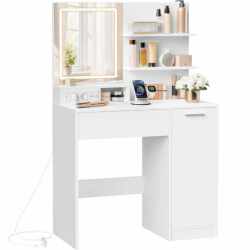 VASAGLE Masa de toaleta Kailyn cu oglinda LED si priza integrata, porturi USB, sertar, rafturi si dulap, PAL, 80x40x132 cm, alb