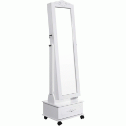 SONGMICS Oglinda de podea cu dulap depozitare bijuterii, iluminare LED si roti, cu cheie, 35x45x156 cm, alb