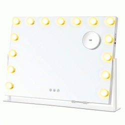 SONGMICS Oglinda machiaj cu iluminare LED, 3 culori lumina, suport telefon, porturi USB, zoom 10x, 58x43 cm, alb