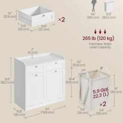 VASAGLE Dulap baie de podea, 2 cosuri de rufe integrate cu saci detasabili, 2 sertare, 79x40x80 cm, alb