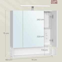VASAGLE Dulap de baie de perete, cu oglinda si LED, prize si USB incorporate, 70x16x75 cm, alb