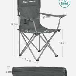 SONGMICS Set 2 scaune pliabile camping cu suport bauturi, husa transport, 150 kg, 54x86x97 cm, gri