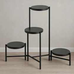 Suport pentru flori cu structura metalica, 4 niveluri, cu rafturi rotunde, 60x43x60 cm, negru