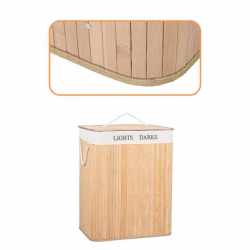 Cos de rufe cu capac si 2 compartimente, sac textil detasabil, 105 litri, 52x33x63 cm, bambus natural