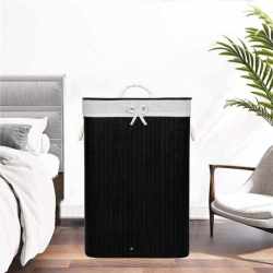 Cos de rufe cu capac, din bambus cu sac textil detasabil, 72 litri, 40x30x60 cm, negru