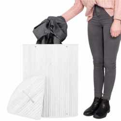 Cos de rufe triunghiular pentru colt cu capac, bambus si sac textil detasabil, 60 litri, 55x35x60 cm, alb si gri