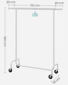 SONGMICS Suport pentru haine extensibil pe roti, bara reglabila 110-150 cm, stil industrial, 150x45x160 cm, alb mat