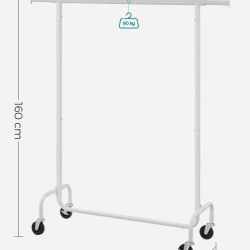 SONGMICS Suport pentru haine extensibil pe roti, bara reglabila 110-150 cm, stil industrial, 150x45x160 cm, alb mat