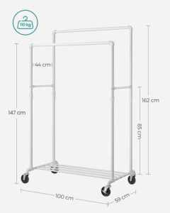 SONGMICS Suport haine cu 2 bare si raft, cu roti, cadru metalic, design industrial, 100x59x162 cm, alb