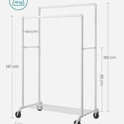 SONGMICS Suport haine cu 2 bare si raft, cu roti, cadru metalic, design industrial, 100x59x162 cm, alb