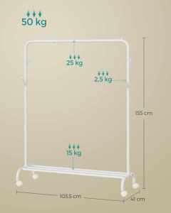 SONGMICS Suport haine metalic cu roti si raft inferior, stil industrial, 103x41x155 cm, alb