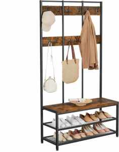 VASAGLE Cuier hol cu 12 carlige si banca pantofi, cadru metalic, stil industrial, 100x40x186 cm, maro rustic