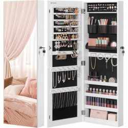 SONGMICS Dulap pentru bijuterii, cu oglinda design fara rama, MDF, montare pe perete sau usa, 37x10x108 cm, alb