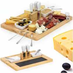 Set servire branzeturi cu platou din bambus si piatra, 2 boluri, 10 accesorii, 40x30x8 cm