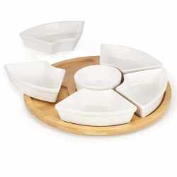 Set servire rotativ cu platou din bambus si 6 boluri din portelan, 30 cm, maro natur si alb