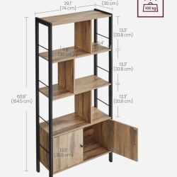 VASAGLE Biblioteca cu 4 rafturi si dulap inferior cu 2 usi, stil industrial, 74x30x155cm, stejar