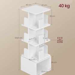 VASAGLE Biblioteca rotativa, MDF, cu 4 niveluri si compartimente deschise, montaj pe podea, 40x40x125 cm, alb